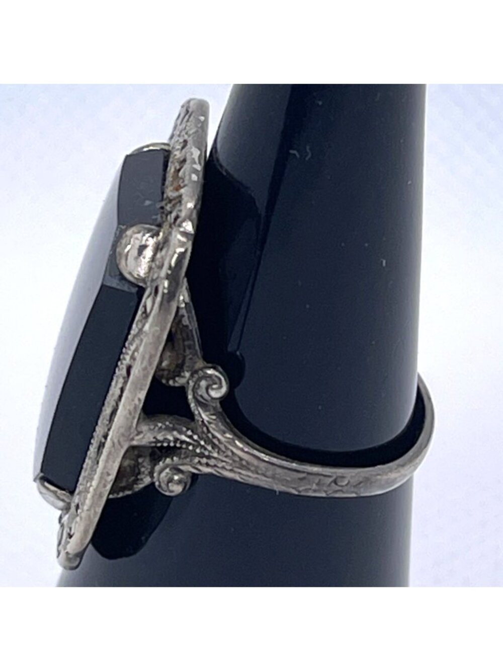Art Deco Ring Black Onyx Marcasite Sterling Silver Statement Estate Size 6.25 - Picture 5 of 12